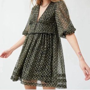 Urban Outfitters Gold Metallic Green Mini Babydoll Dress